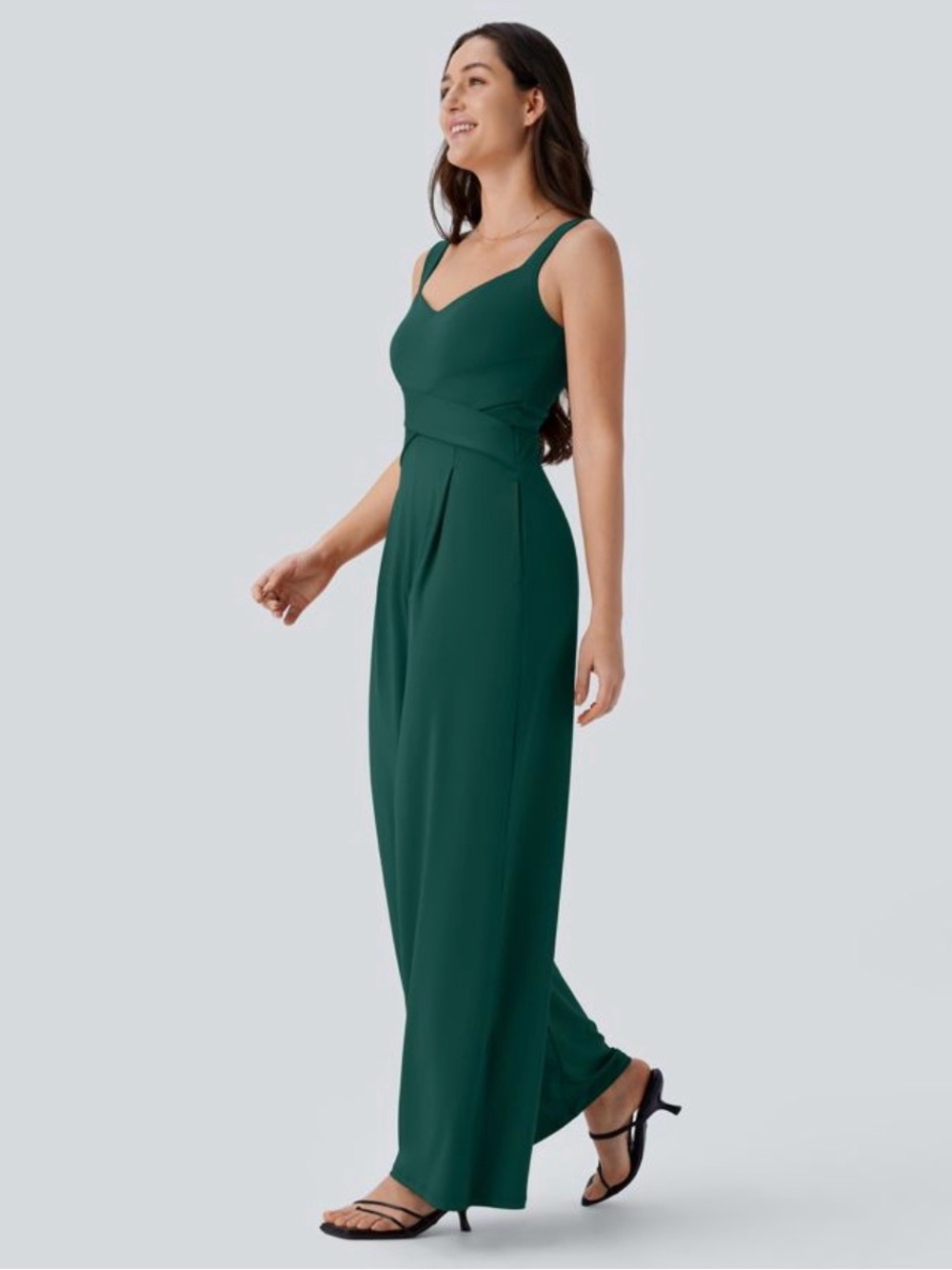 HALARA Deep Green V-Neck Wide-Leg Sleeveless Jumpsuit